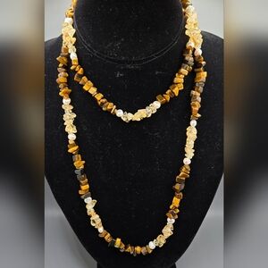 Stone & Pearl Necklace Tiger Eye Citrine & Freshwater Pearls Gold Tone Clasp 35"